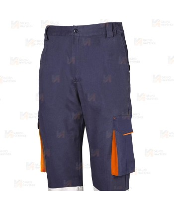 Pantalón elástico de alta visibilidad multibolsillos color azul marino y naranja flúor
