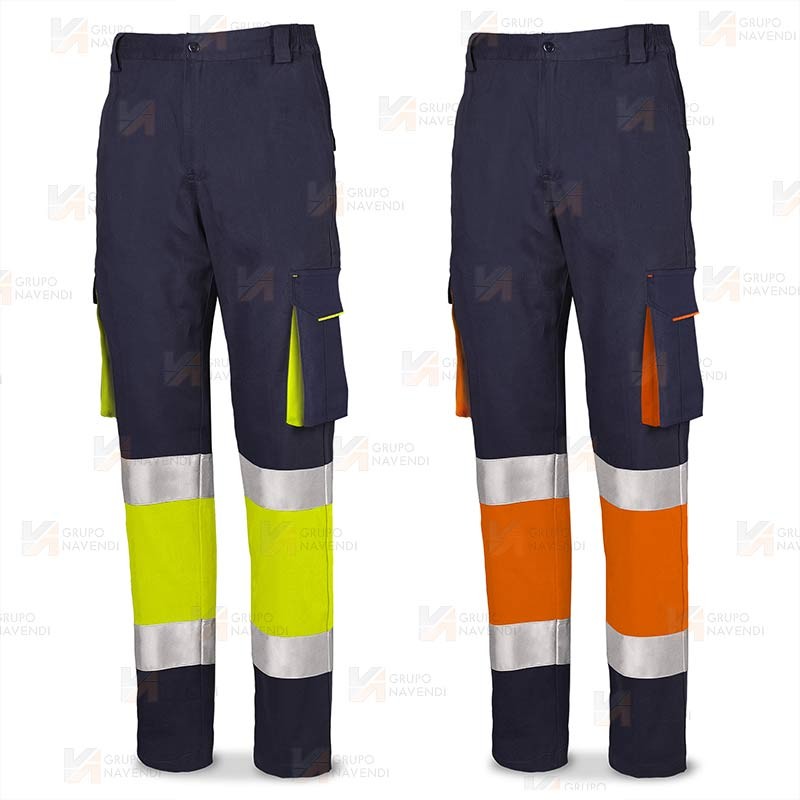 Pantalón elástico de alta visibilidad multibolsillos color azul marino y amarillo flúor