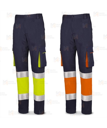 Pantalón elástico de alta visibilidad multibolsillos color azul marino y amarillo flúor