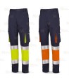 Pantalón elástico de alta visibilidad multibolsillos color azul marino y amarillo flúor