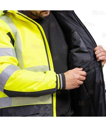 Parka bicolor acolchada de alta visibilidad con cintas segmentadas color amarillo flúor y negro