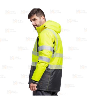 Parka bicolor acolchada de alta visibilidad con cintas segmentadas color amarillo flúor y negro