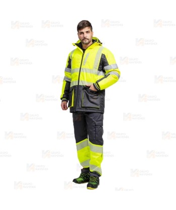 Parka bicolor acolchada de alta visibilidad con cintas segmentadas color amarillo flúor y negro