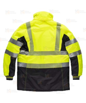 Parka bicolor acolchada de alta visibilidad con cintas segmentadas color amarillo flúor y negro