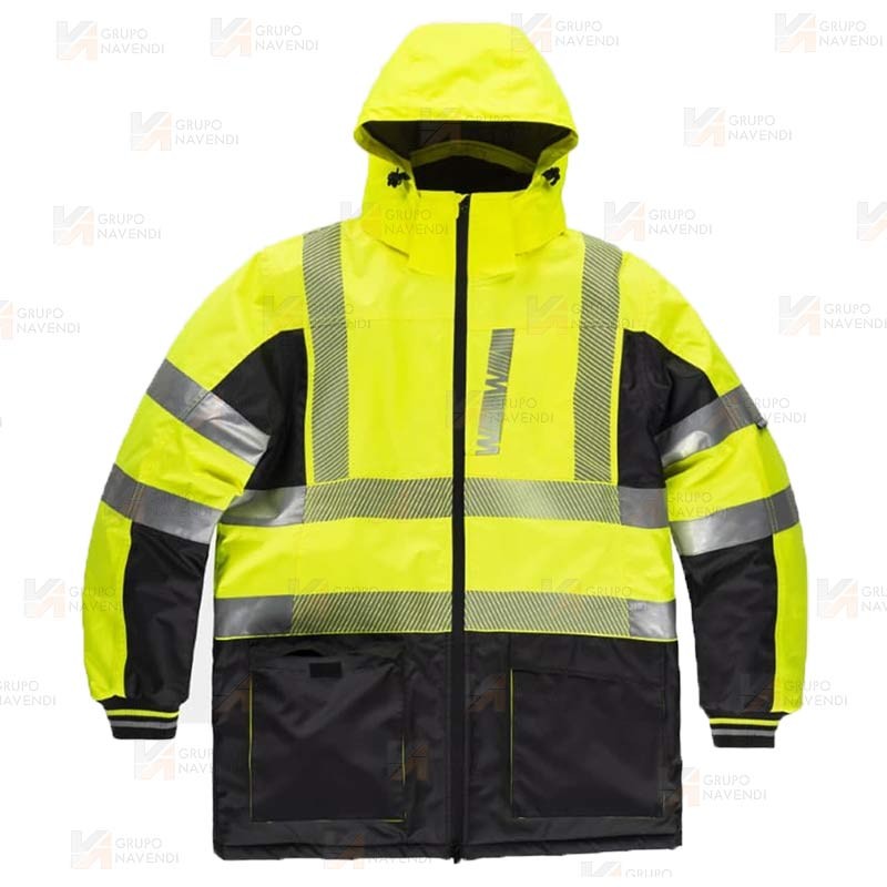 Parka bicolor acolchada de alta visibilidad con cintas segmentadas color amarillo flúor y negro