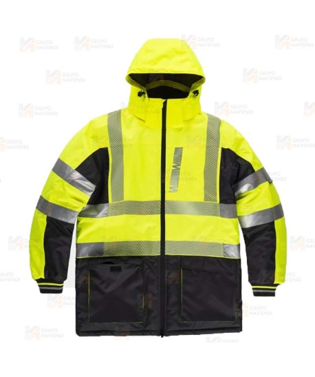Parka bicolor acolchada de alta visibilidad con cintas segmentadas color amarillo flúor y negro