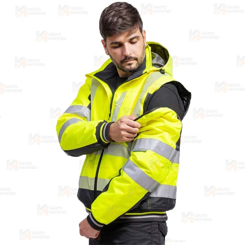 Cazadora piloto desmontable de alta visibilidad y cintas segmentadas color amarillo flúor y negro