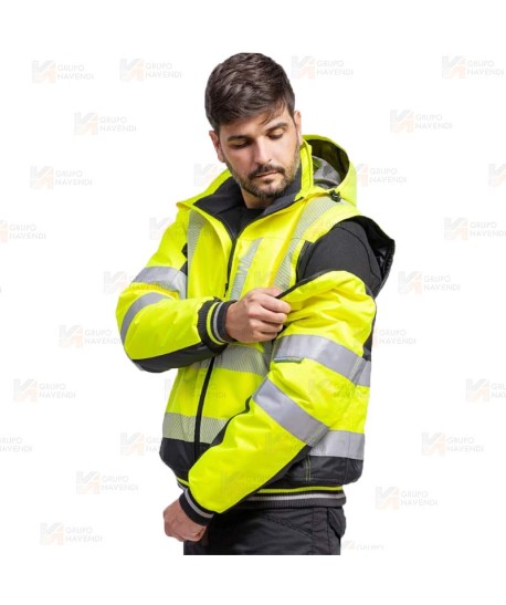 Cazadora piloto desmontable de alta visibilidad y cintas segmentadas color amarillo flúor y negro