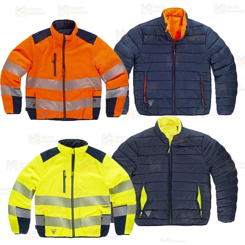 Cazadora acolchada reversible bicolor alta visibilidad con cinta segmentada