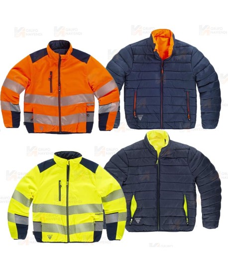 Cazadora acolchada reversible bicolor alta visibilidad con cinta segmentada