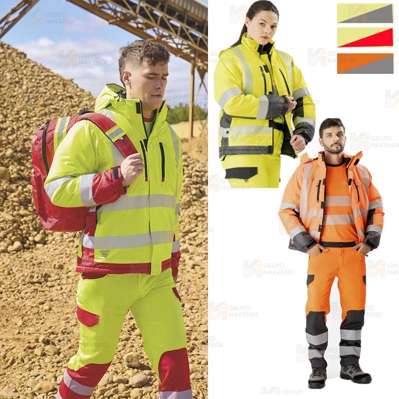 Parka acolchada e impermeable en alta visibilidad color amarillo flúor y rojo con cintas segmentadas