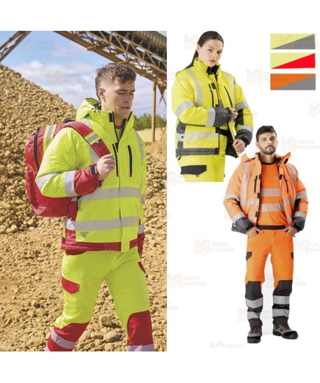 Parka acolchada e impermeable en alta visibilidad color amarillo flúor y rojo con cintas segmentadas