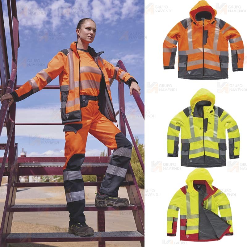 Parka softshell de trabajo en alta visibilidad con cintas segmentadas
