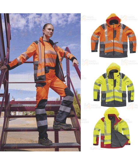 Parka softshell de trabajo en alta visibilidad con cintas segmentadas