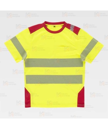 Camiseta técnica manga corta con cintas reflectantes segmentadas amarillo flúor rojo