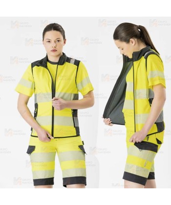Chaleco softshell en Alta visibilidad amarillo flúor con cintas reflectantes segmentadas