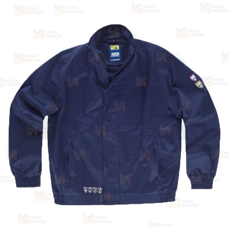 Cazadora ignífuga, de cuello alto, con protección a productos químicos color azul marino