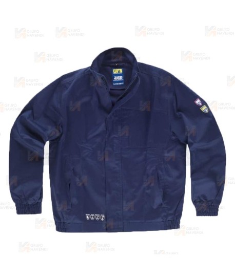 Cazadora ignífuga, de cuello alto, con protección a productos químicos color azul marino