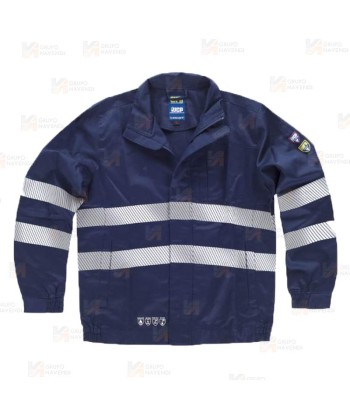 Cazadora ignífuga con protección a productos químicos y cintas reflectantes color azul marino