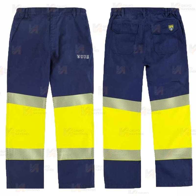 Pantalón ignífugo, antiestático con protección para soldadura de alta visibilidad con cintas reflectantes.