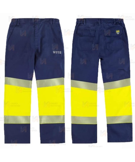 Pantalón ignífugo, antiestático con protección para soldadura de alta visibilidad con cintas reflectantes.
