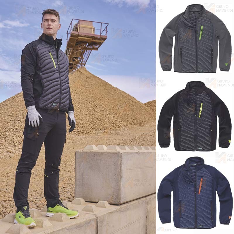 Chaqueta de cuello alto con tejido elástico combinada con tejido acolchado