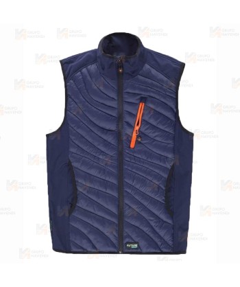 Chaleco de cuello alto con tejido elástico combinado con tejido acolchado color azul marino y naranja flúor