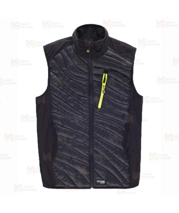 Chaleco de cuello alto con tejido elástico combinado con tejido acolchado color negro y amarillo  flúor