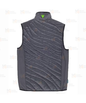 Chaleco de cuello alto con tejido elástico combinado con tejido acolchado color gris y verde flúor
