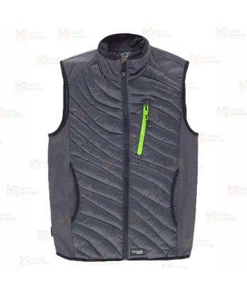 Chaleco de cuello alto con tejido elástico combinado con tejido acolchado color gris y verde flúor