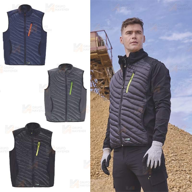 Chaleco de cuello alto con tejido elástico combinado con tejido acolchado color azul marino y naranja flúor
