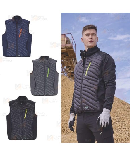Chaleco de cuello alto con tejido elástico combinado con tejido acolchado color azul marino y naranja flúor