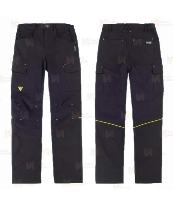 Pantalón multibolsillos laboral con tejido elástico color negro y detalles en amarillo flúor