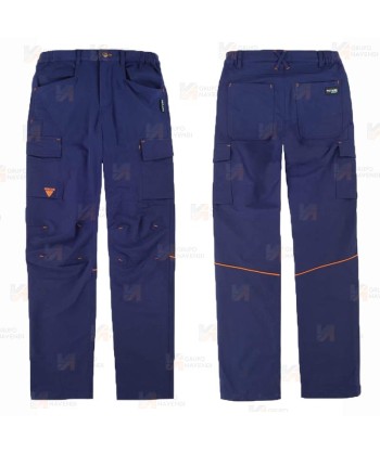 Pantalón multibolsillos laboral con tejido elástico color marino y detalles en naranja flúor