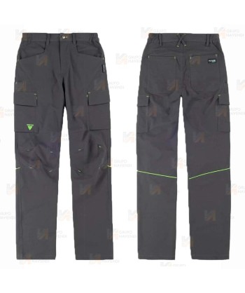 Pantalón multibolsillos laboral con tejido elástico color gris y detalles en verde flúor