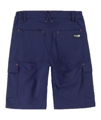 Bermuda multibolsillos laboral con tejido elástico color marino y detalles en naranja flúor