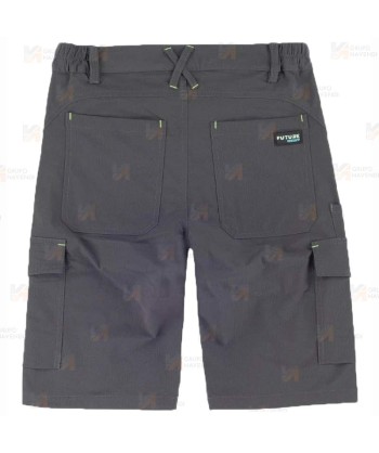 Bermuda Pantalón multibolsillos laboral con tejido elástico color gris y detalles en verde flúor