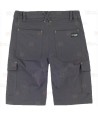 Bermuda Pantalón multibolsillos laboral con tejido elástico color gris y detalles en verde flúor
