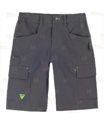 Bermuda Pantalón multibolsillos laboral con tejido elástico color gris y detalles en verde flúor