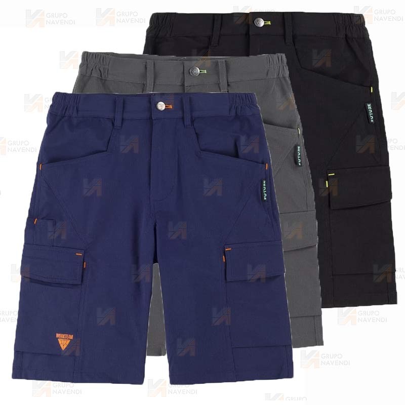 Bermuda multibolsillos laboral con tejido elástico color marino y detalles en naranja flúor