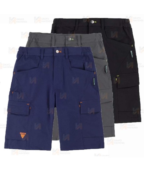 Bermuda multibolsillos laboral con tejido elástico color marino y detalles en naranja flúor