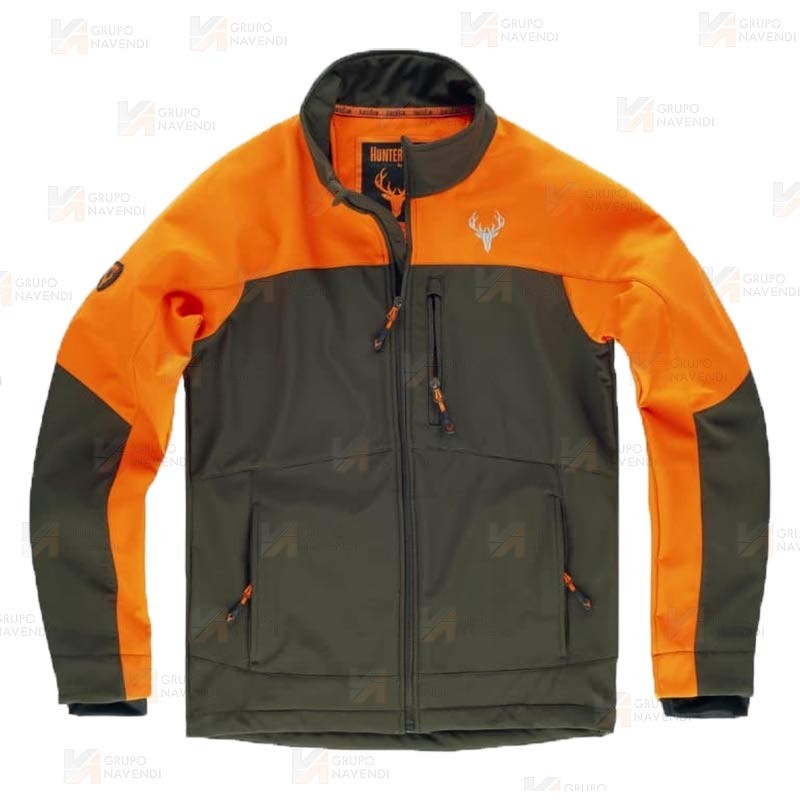 Cazadora softshell bicolor especial para caza o pesca color verde caza y naranja flúor