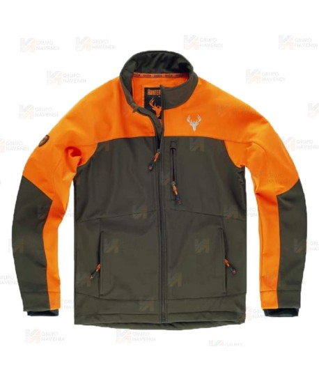Cazadora softshell bicolor especial para caza o pesca color verde caza y naranja flúor