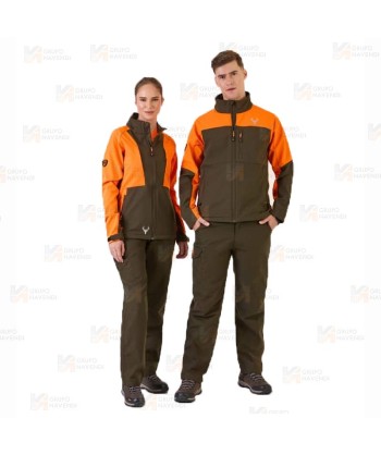 Cazadora softshell bicolor especial para caza o pesca color verde caza y naranja flúor