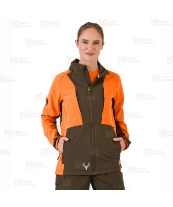 Cazadora softshell bicolor especial para caza o pesca color verde caza y naranja flúor
