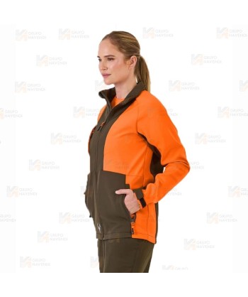 Cazadora softshell bicolor especial para caza o pesca color verde caza y naranja flúor
