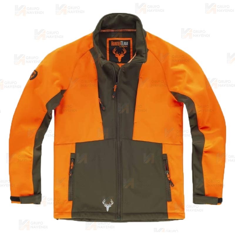 Cazadora softshell bicolor especial para caza o pesca color verde caza y naranja flúor