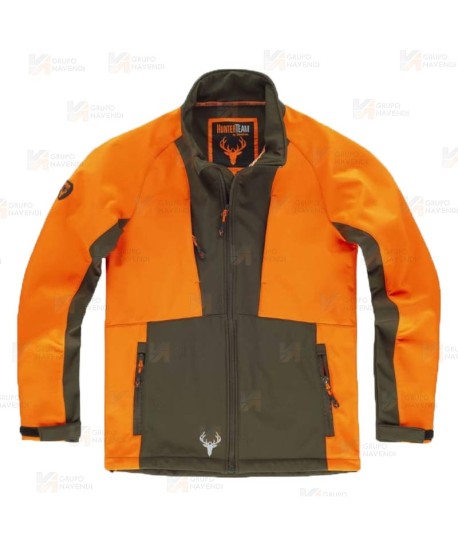 Cazadora softshell bicolor especial para caza o pesca color verde caza y naranja flúor