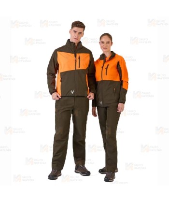 Cazadora softshell bicolor especial para caza o pesca color verde caza y naranja flúor