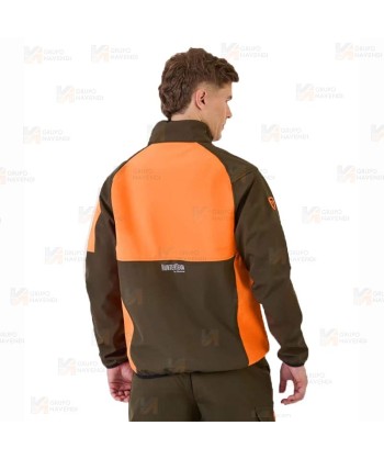Cazadora softshell bicolor especial para caza o pesca color verde caza y naranja flúor
